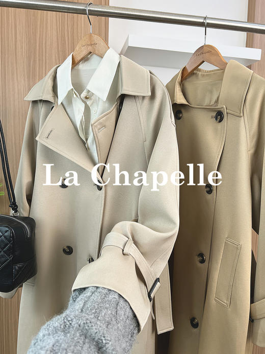 专柜实拍【极简大气！】拉夏贝尔/La Chapelle宽松廓形气质翻领双排扣轻奢高级感中长款过膝腰带风衣 商品图3