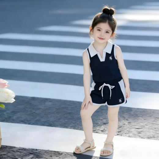 童洛萌【学院风】韩版夏季女孩学院风套装无袖外穿女童时尚POLO领背心73-150★娃娃优选 商品图4