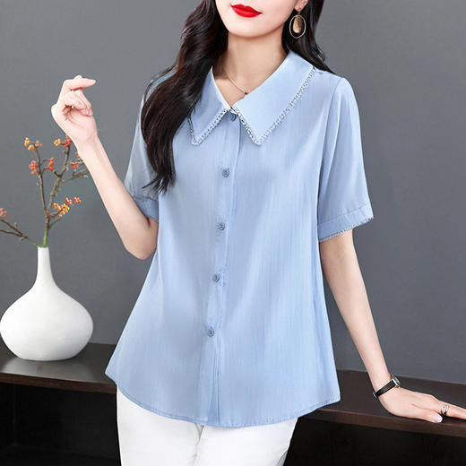 夏季衬衫女薄款短袖遮肚上衣2025年新款宽松减龄蕾丝花边翻领衬衣 商品图1