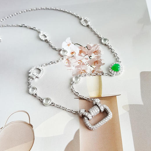 【天然正品】A货翡翠AU750白金镶钻镶设计师款天然细腻冰种满绿葫芦（福禄平安）翡翠项链 链长：50CM（长度可调节）250326NJS25 商品图2