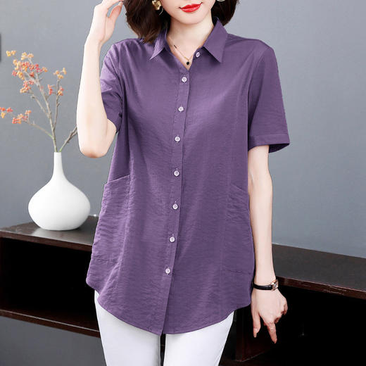 短袖衬衫女2025年夏季新款大码女装翻领妈妈上衣宽松休闲女士衬衣 商品图0