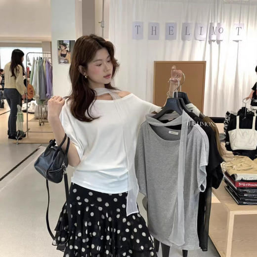 夏季新款纯色斜肩露肩T桖上衣女一字肩宽松修身显瘦百搭上衣   NDK-10338#-LDW 商品图2