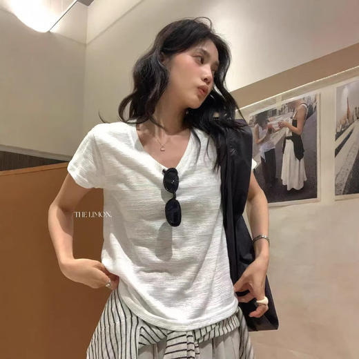 夏季新款百搭竹节棉v领白色短袖T恤女上衣韩版宽松半袖舒适打底衫  NDK-10365#LWD 商品图1