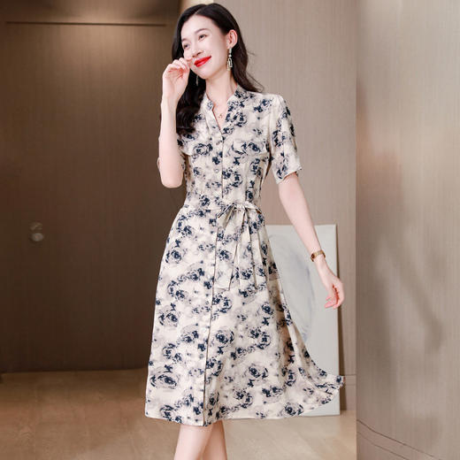 夏季雪纺连衣裙薄款冰丝2024新款宽松女士a字裙短袖收腰显瘦裙子 商品图0