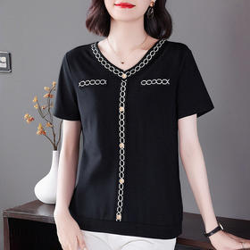 宽松V领短袖t恤女夏季2025年新款小香风女士上衣时尚减龄妈妈女装