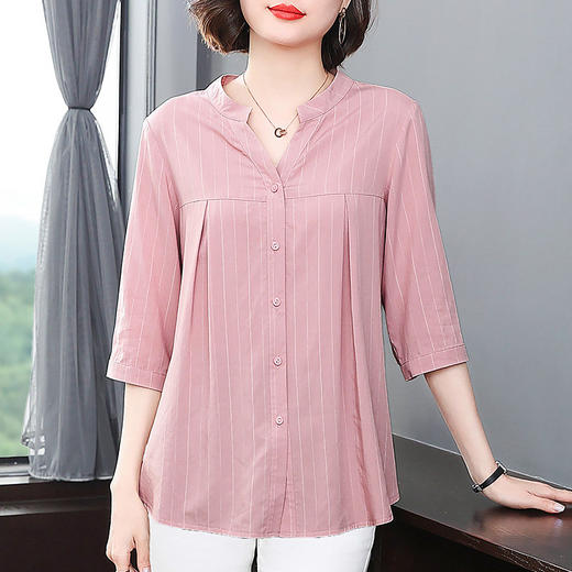 条纹衬衫女士春春装新款妈妈减龄时尚洋气小衫大码衬衣七分袖上衣 商品图3