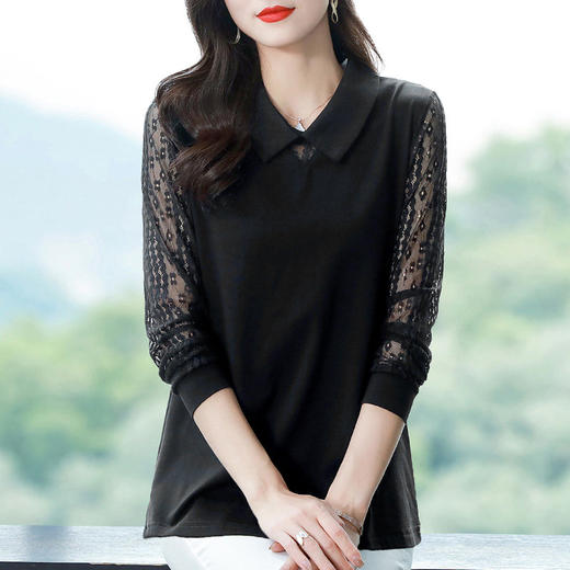 翻领长袖t恤洋气2026新款春秋季妈妈女士上衣大码女装黑色打底衫 商品图2