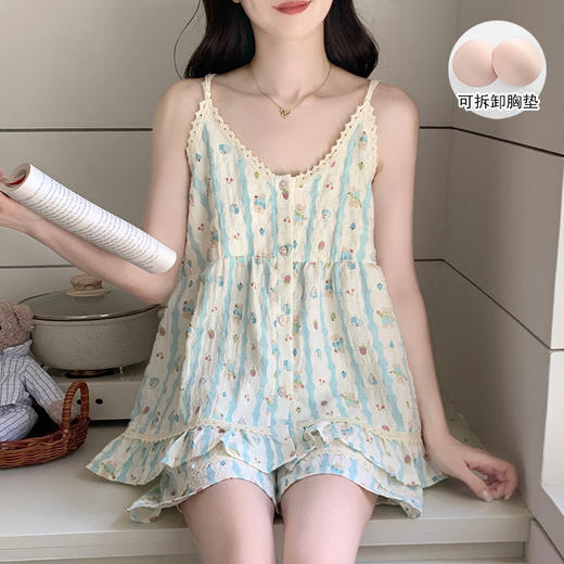 【GZ】无忧购云朵棉睡衣女夏季带胸垫吊带短裤长裤三件套家居服套装9933#9934#（截单后3-5天发货） 商品图1
