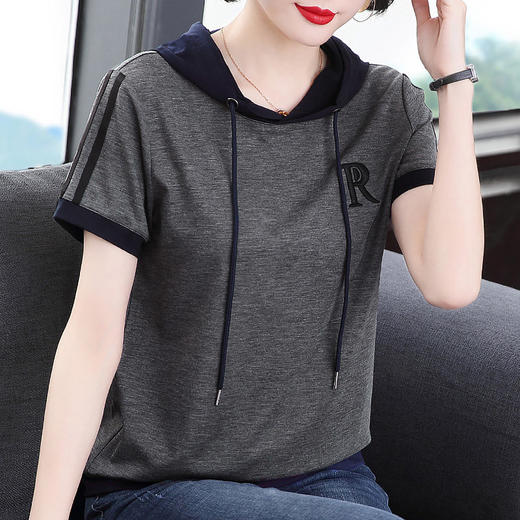 连帽短袖t恤衫女薄款夏装2026新款妈妈大码休闲带帽运动上衣宽松 商品图1