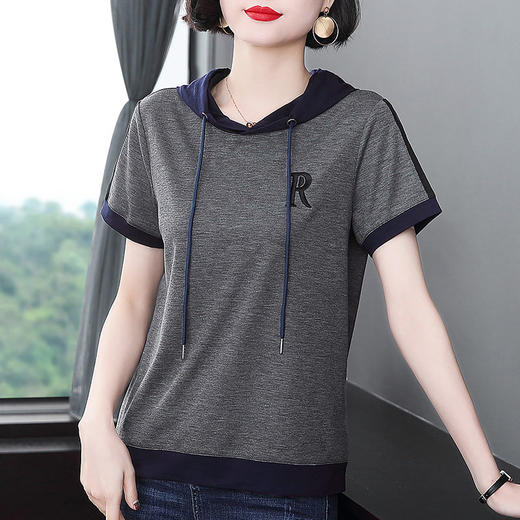 连帽短袖t恤衫女薄款夏装2026新款妈妈大码休闲带帽运动上衣宽松 商品图2