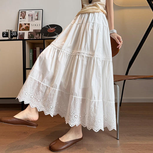 温柔风白色刺绣花边拼接半身裙女2026夏季新款简约显瘦A字中长裙   NDK-J3285 商品图0