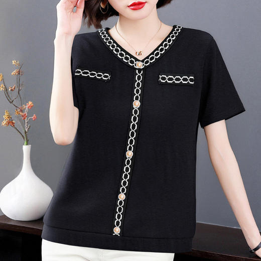 宽松V领短袖t恤女夏季2025年新款小香风女士上衣时尚减龄妈妈女装 商品图4