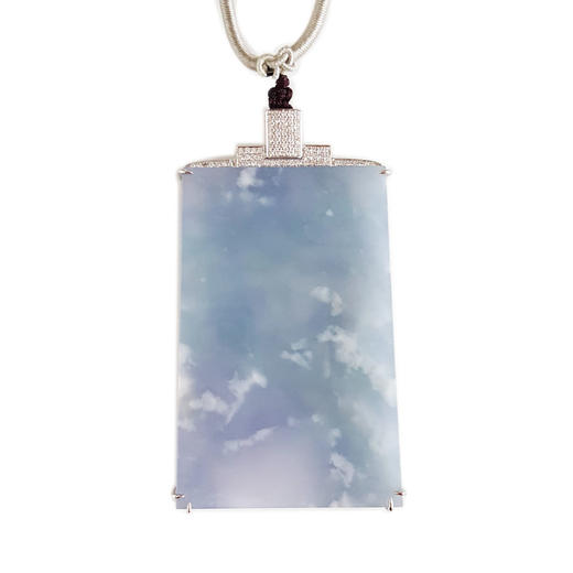 【天然正品】A货翡翠AU750收藏级白金镶钻镶天然细腻糯冰种浅紫雪花棉平安无事牌翡翠吊坠项链060426NJS18 商品图0