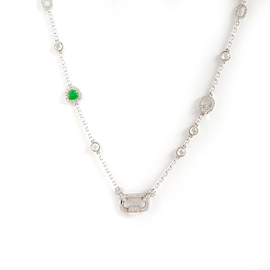 【天然正品】A货翡翠AU750白金镶钻镶设计师款天然细腻冰种满绿葫芦（福禄平安）翡翠项链 链长：50CM（长度可调节）250326NJS25