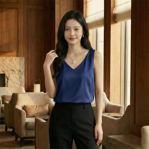 奢姿雅缎面V领圆领双肩带吊带纯色简约内搭夏季无袖宽松打底衫S-3XL 商品图10