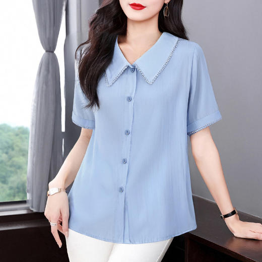 夏季衬衫女薄款短袖遮肚上衣2025年新款宽松减龄蕾丝花边翻领衬衣 商品图0
