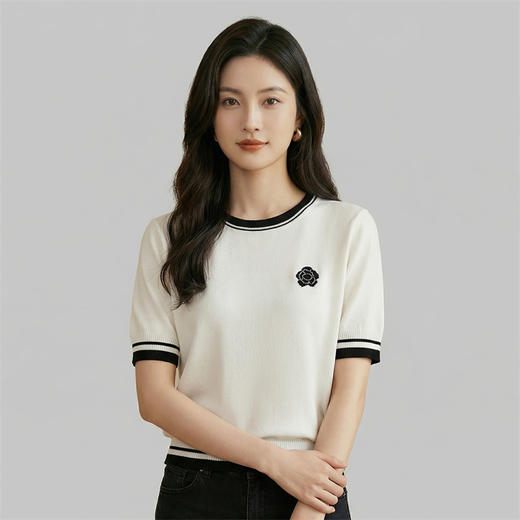 奢姿雅经典山茶花冰丝针织短袖夏季经典撞色T恤M-2XL 商品图7