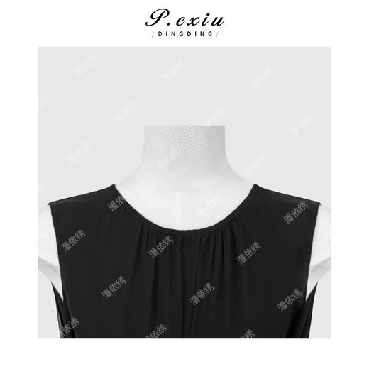 PanYiXiu/潘依绣【黑羽流光】100%桑蚕丝气质优雅褶皱圆领连衣裙 W-63912 商品图2
