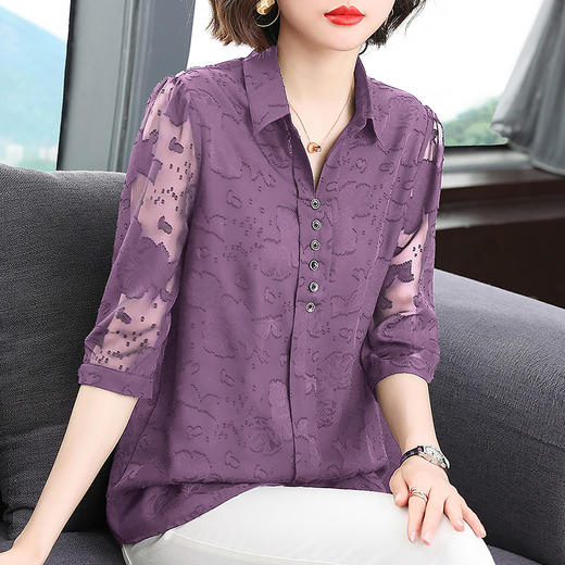 中年女雪纺衫夏季大码女装宽松遮肚子上衣新款妈妈中袖七分袖衬衫 商品图3