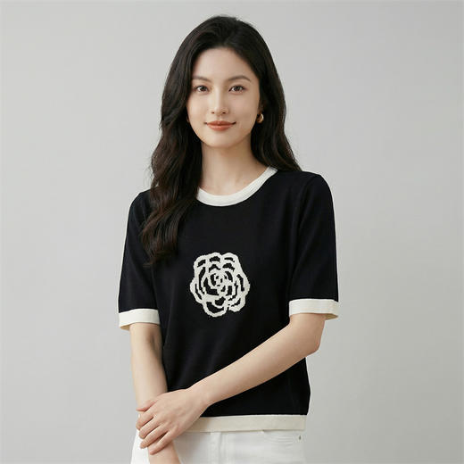 奢姿雅经典山茶花冰丝针织短袖夏季经典撞色T恤M-2XL 商品图3