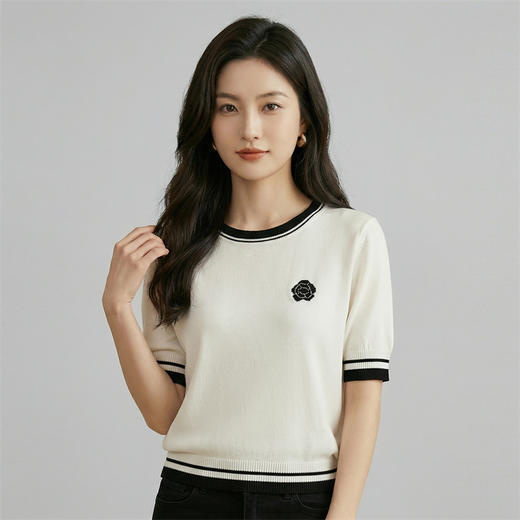 奢姿雅经典山茶花冰丝针织短袖夏季经典撞色T恤M-2XL 商品图6