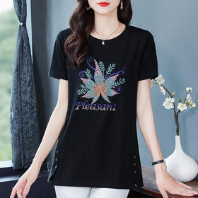 中长款女t恤夏季新款纯棉大码女装时尚烫钻女士短袖遮肚显瘦上衣