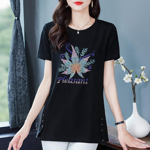 中长款女t恤夏季新款纯棉大码女装时尚烫钻女士短袖遮肚显瘦上衣 商品图0
