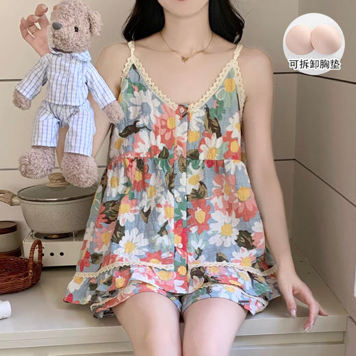 【GZ】无忧购云朵棉睡衣女夏季带胸垫吊带短裤长裤三件套家居服套装9933#9934#（截单后3-5天发货） 商品图2