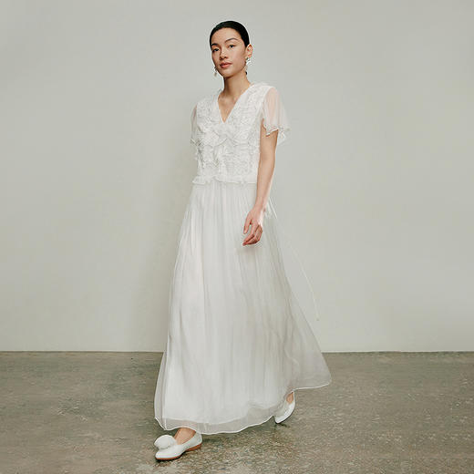 【林栖设计小店】软风醉香|米白色镂空蕾丝温柔荷叶边夏新款连衣裙子1962180 商品图1