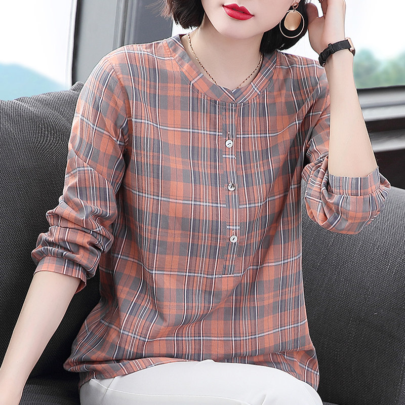 女装2026年新款长袖格子衬衫女大码妈妈纯棉衬衣棉麻上衣春秋薄款