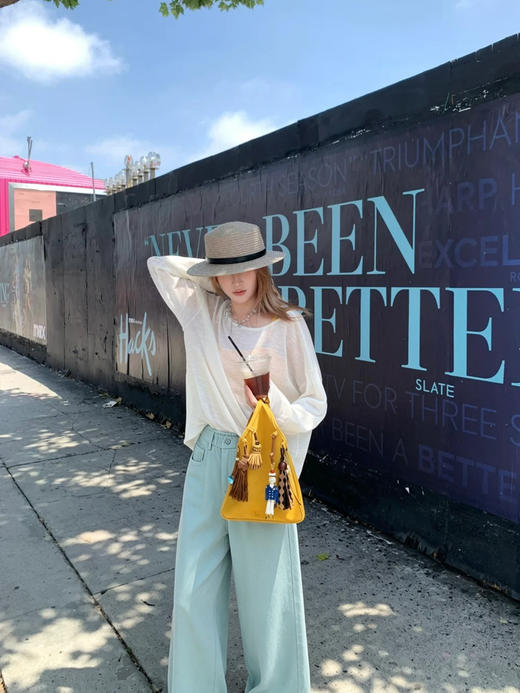 专柜实拍【海盐冰蓝】拉夏贝尔/La Chapelle小众色系！全棉亲肤柔软显瘦高腰单扣腰部毛边设计直筒阔腿牛仔裤 商品图5