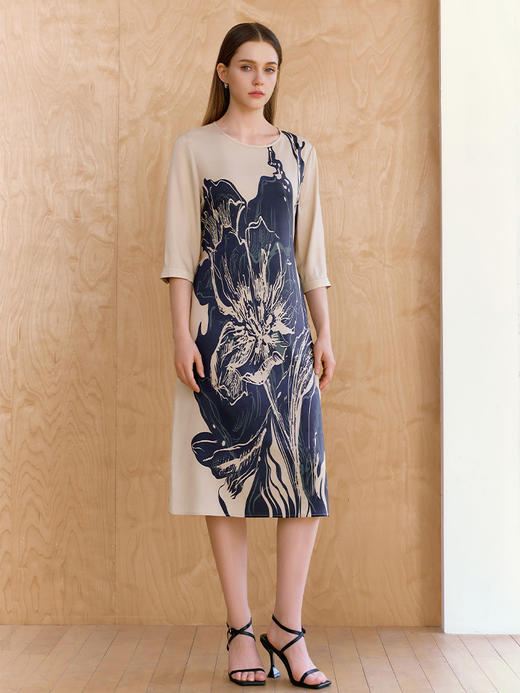 【真丝大花裙子】26年春夏新品女士桑蚕丝中长款印花连衣裙 商品图0