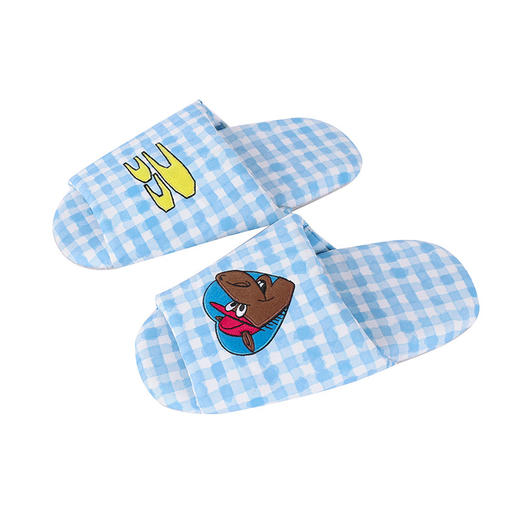 CryingCenter2026马年蓝格纹刺绣居家露趾拖鞋静音防滑 商品图2