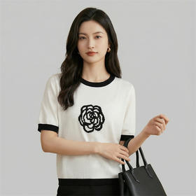 奢姿雅经典山茶花冰丝针织短袖夏季经典撞色T恤M-2XL