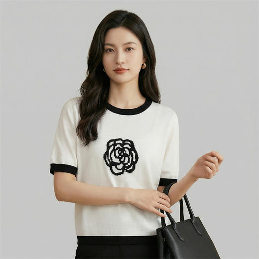 奢姿雅经典山茶花冰丝针织短袖夏季经典撞色T恤M-2XL 商品图0