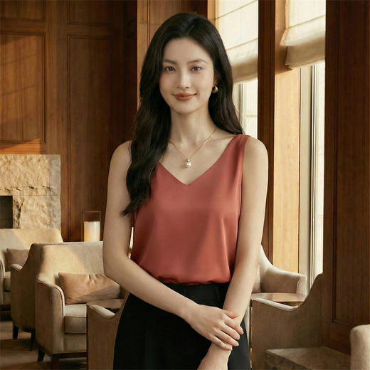 奢姿雅缎面V领圆领双肩带吊带纯色简约内搭夏季无袖宽松打底衫S-3XL 商品图8