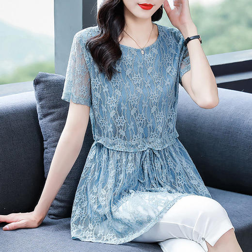 大码蕾丝衫女2026夏季新款宽松中长款收腰遮肚子显瘦气质短袖上衣 商品图3