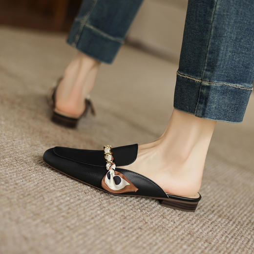 阿么手工女鞋夏季外穿百搭凉鞋低跟真皮包头半拖丝带穆勒鞋 商品图2