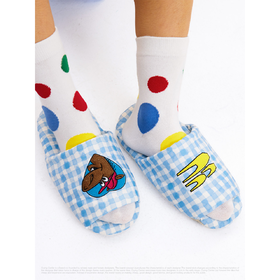 CryingCenter2026马年蓝格纹刺绣居家露趾拖鞋静音防滑