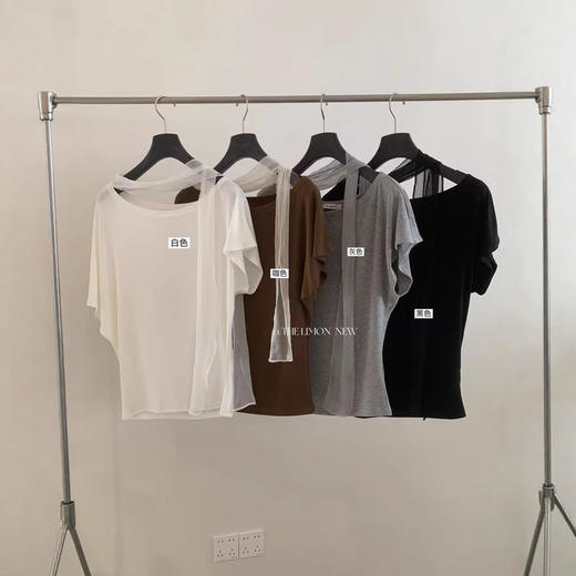 夏季新款纯色斜肩露肩T桖上衣女一字肩宽松修身显瘦百搭上衣   NDK-10338#-LDW 商品图4