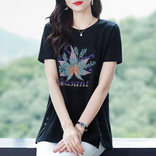 中长款女t恤夏季新款纯棉大码女装时尚烫钻女士短袖遮肚显瘦上衣 商品图3