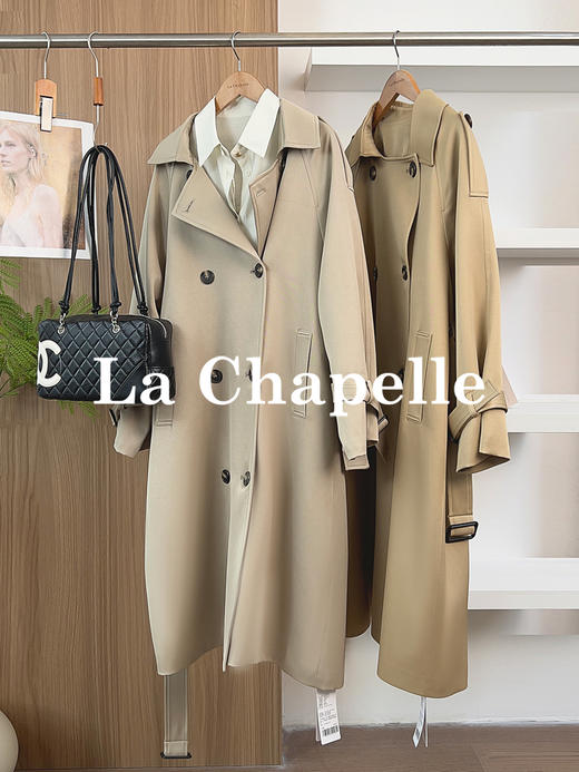 专柜实拍【极简大气！】拉夏贝尔/La Chapelle宽松廓形气质翻领双排扣轻奢高级感中长款过膝腰带风衣 商品图0
