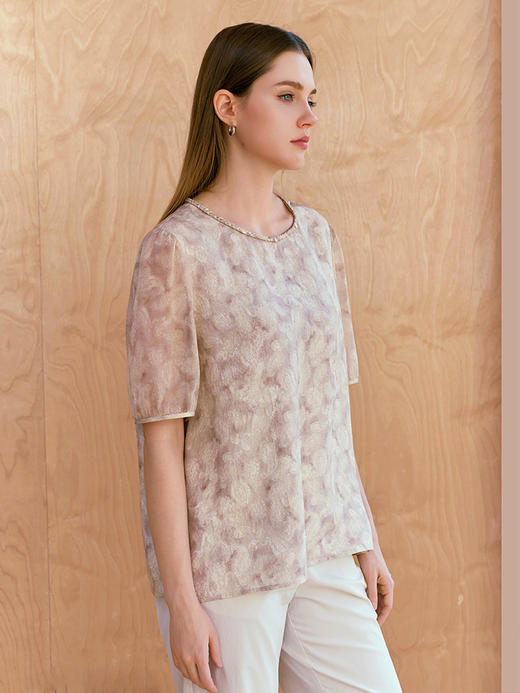 【真丝印花上衣】26年春夏新品女士100%桑蚕丝圆领套头短袖T恤 商品图1