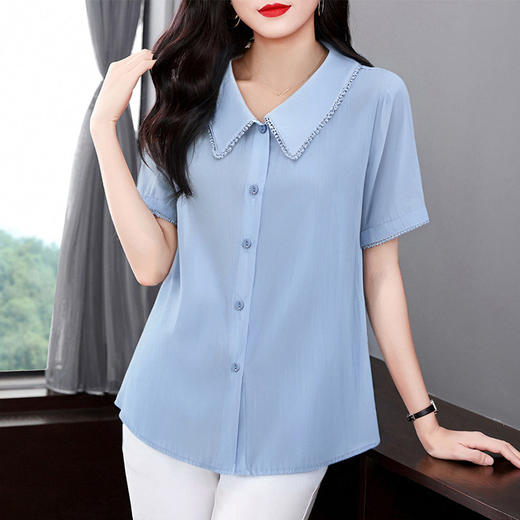 夏季衬衫女薄款短袖遮肚上衣2025年新款宽松减龄蕾丝花边翻领衬衣 商品图4