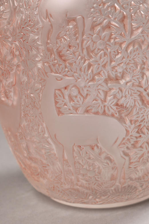 独角鹿西洋古董1932年法国顶级水晶工坊莱俪LALIQUE设计出品「BICHES 小鹿」主题粉色欧泊水晶花瓶 商品图5