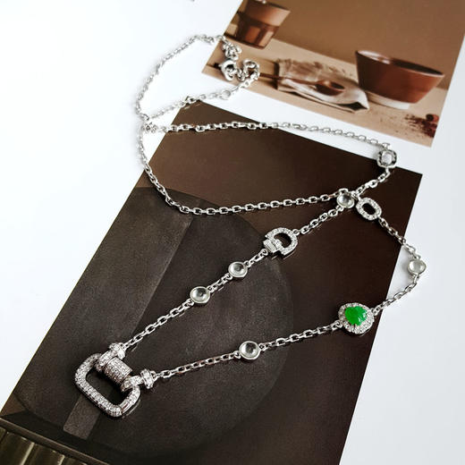【天然正品】A货翡翠AU750白金镶钻镶设计师款天然细腻冰种满绿葫芦（福禄平安）翡翠项链 链长：50CM（长度可调节）250326NJS25 商品图4