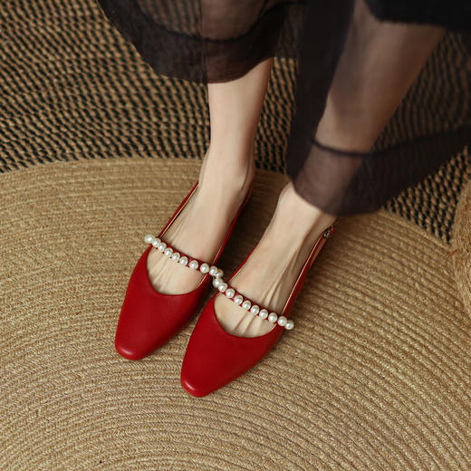 【预售5天】绝美仙女风浅口温柔珍珠低粗跟一字带玛丽珍配裙子包头后空凉鞋TBLR&F228 商品图4