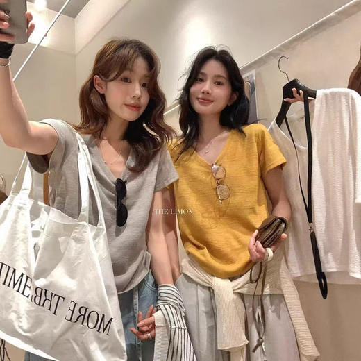 夏季新款百搭竹节棉v领白色短袖T恤女上衣韩版宽松半袖舒适打底衫  NDK-10365#LWD 商品图4