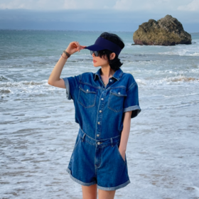 PanYiXiu/潘依绣天丝重工水洗松弛减龄显瘦牛仔连体短裤S99008