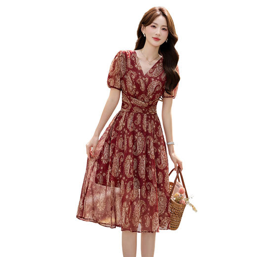 「自」全新升级【铂金会员257/天猫339/差价82】(22021)洛诗琳气质印花连衣裙2026夏季中长款V领显瘦收腰A字裙 商品图4